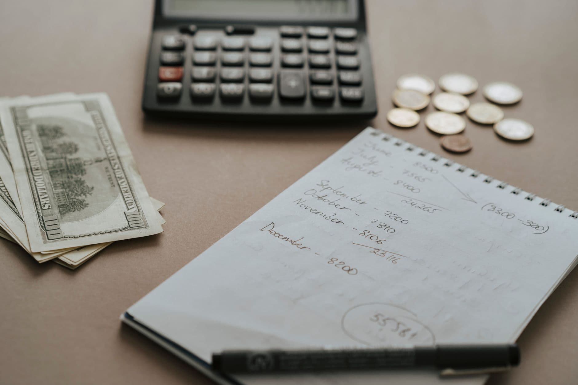 A desk with a calculator, cash, coins and budgeting notes