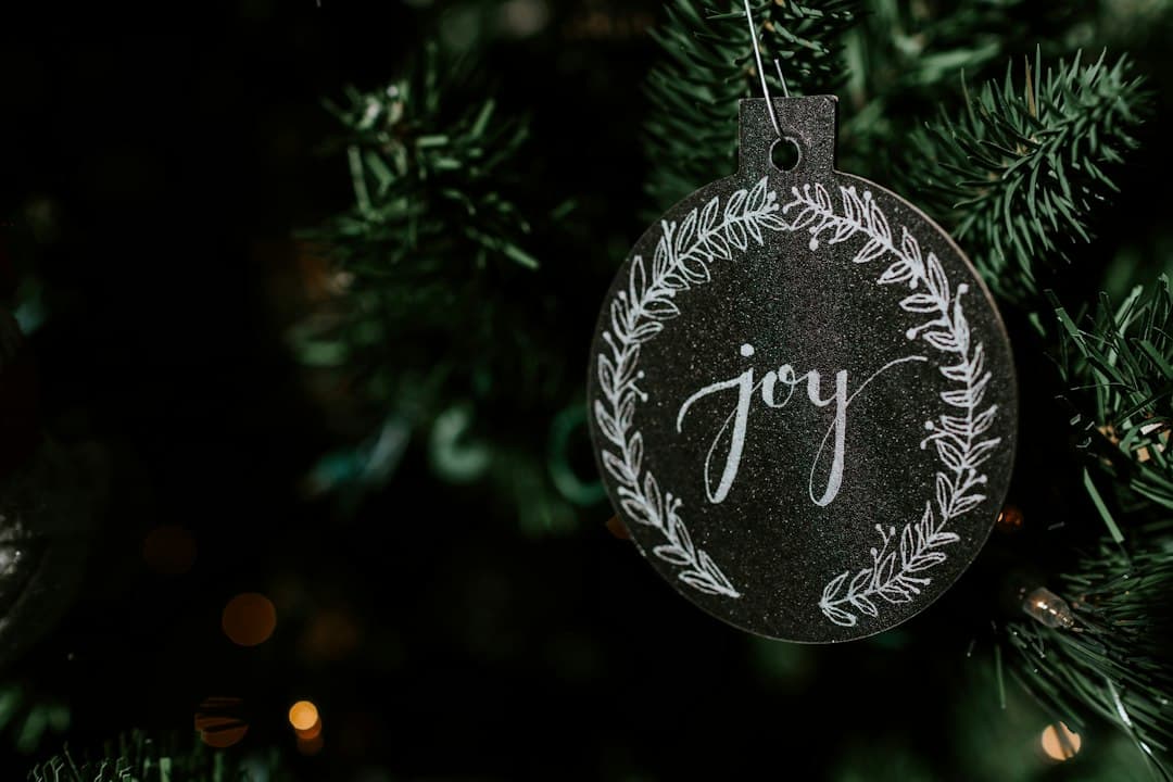 A hanging Christmas ornament printed with the word joy
