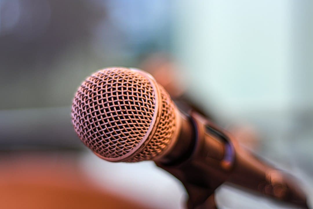 A microphone on a wooden stand