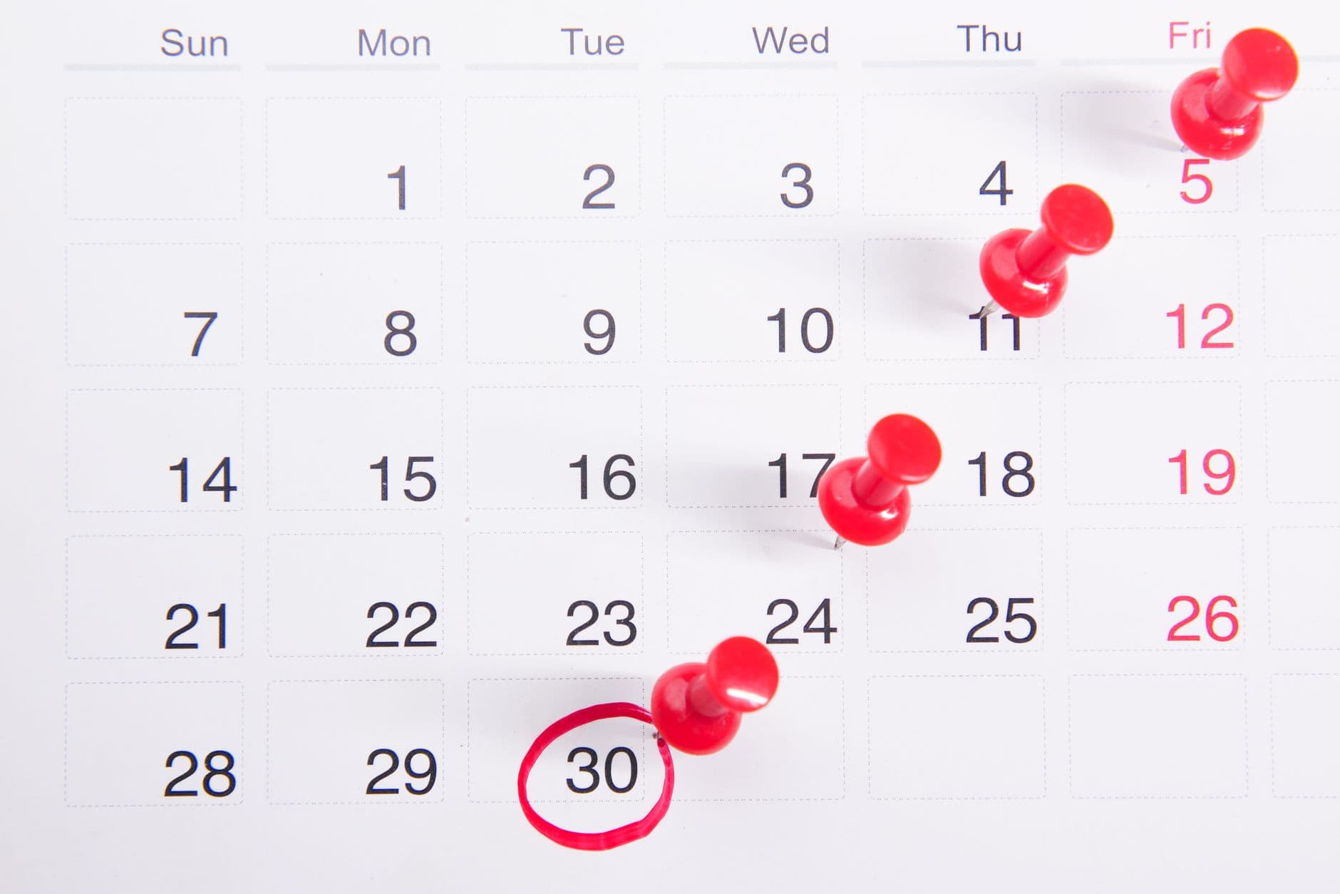A calendar with red push pins marking dates