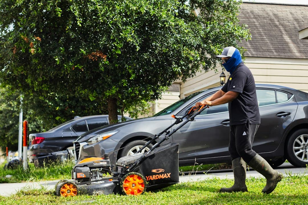 A person mowing a lawn with a push mower