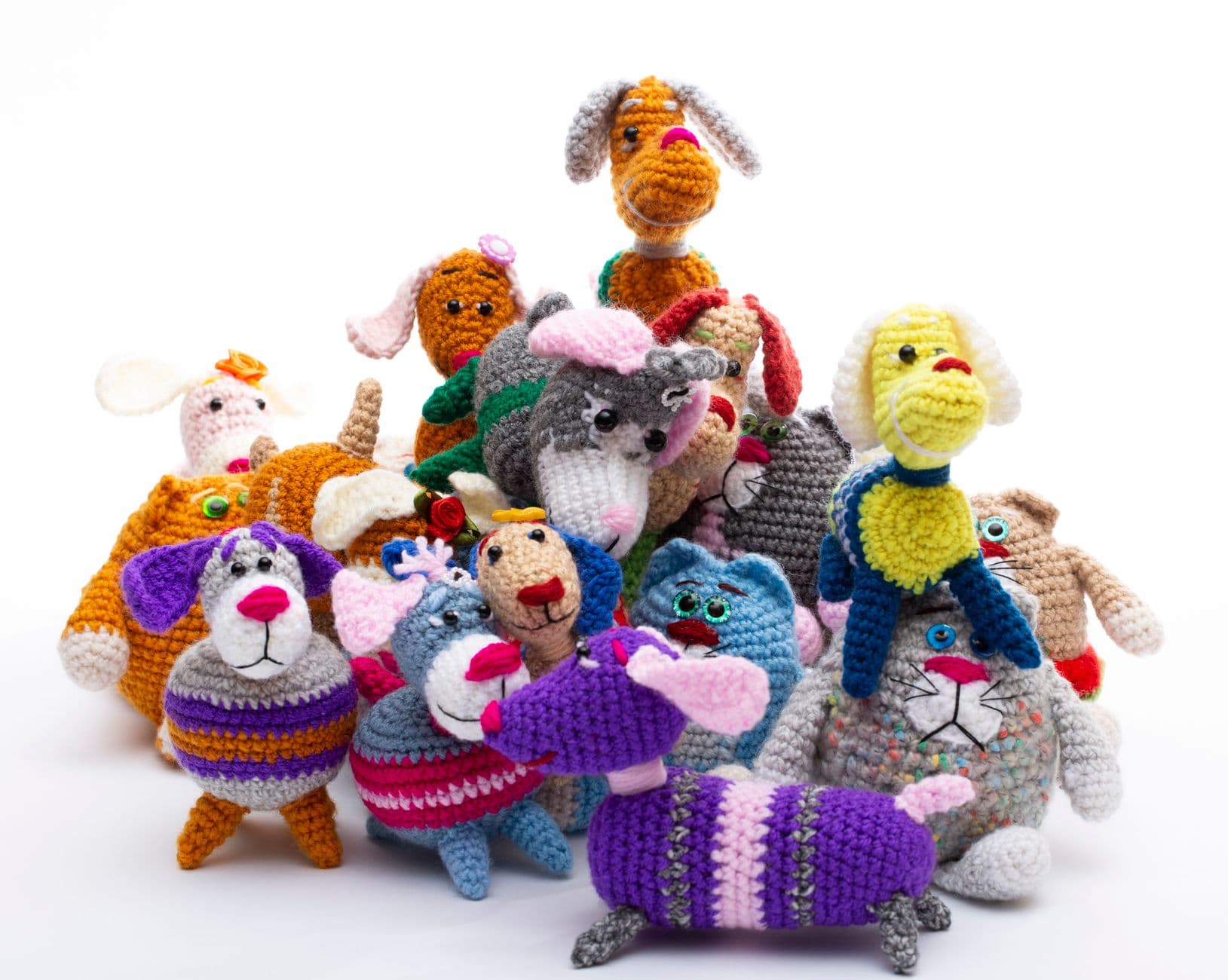 A collection of handmade crochet animal toys
