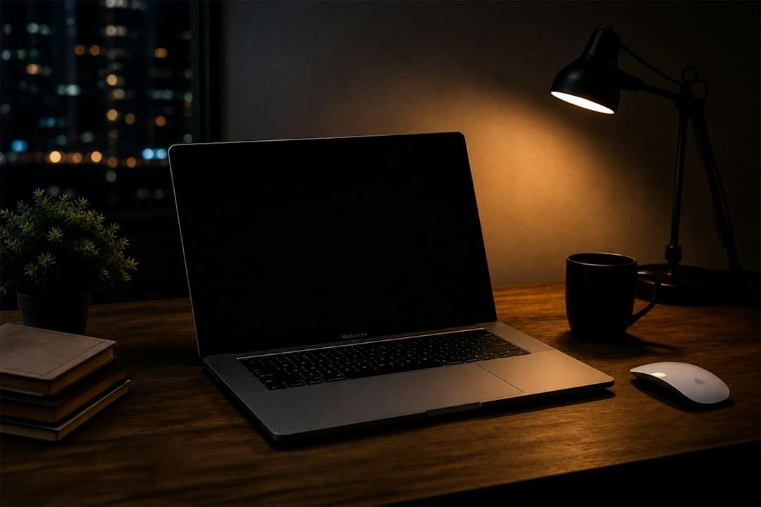 A nighttime desk setup with a laptop and a lamp
